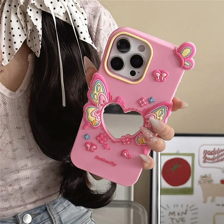 For iPhone 15 Pro Max Silicone Case Cute Butterfly Mirror Design Shockproof Phone Back Cover