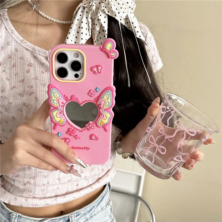 For iPhone 15 Pro Max Silicone Case Cute Butterfly Mirror Design Shockproof Phone Back Cover