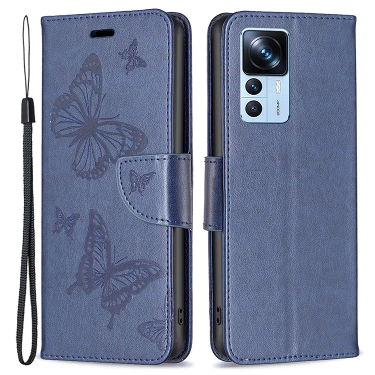 For Xiaomi 12T 5G / Redmi K50 Ultra 5G / 12T Pro 5G Wallet Case Imprinted Butterflies Leather Phone Cover with Strap - Dark Blue