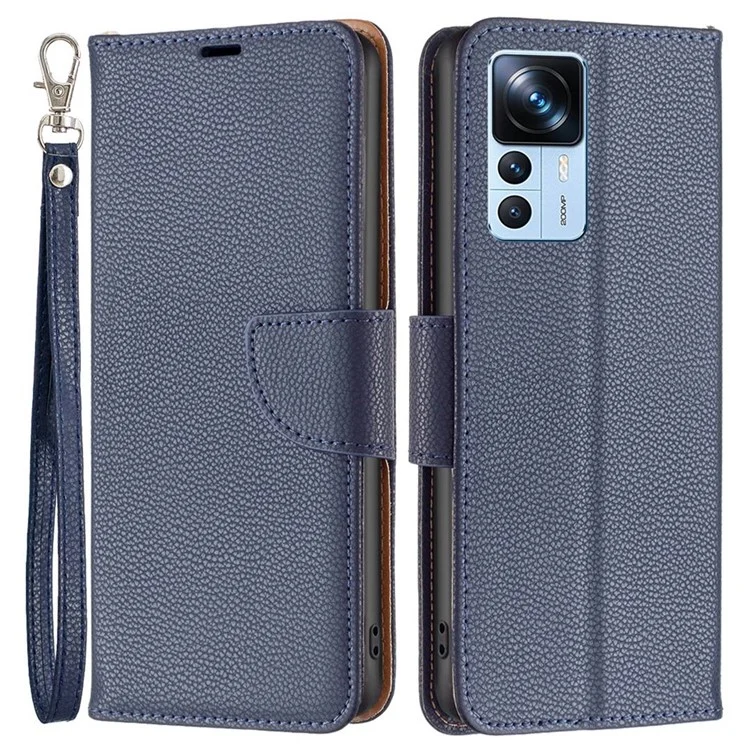 For Xiaomi 12T 5G / Redmi K50 Ultra 5G / 12T Pro 5G Wallet Case Litchi Texture Flip Leather Mobile Cover Stand with Strap - Dark Blue