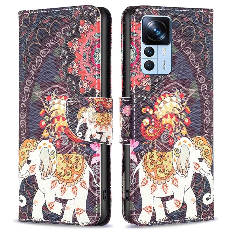BF Pattern Printing Leather Series-2 Para Xiaomi 12t 5g / 12t Pro 5g Capa Magnética de Couro pu de Mão-de-livre Carteira Impressa a Tampa do Telefone Padrão - Flor e Elefante
