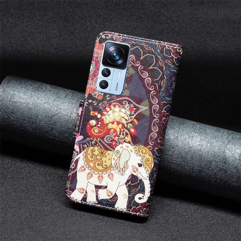 BF Pattern Printing Leather Series-2 Para Xiaomi 12t 5g / 12t Pro 5g Capa Magnética de Couro pu de Mão-de-livre Carteira Impressa a Tampa do Telefone Padrão - Flor e Elefante