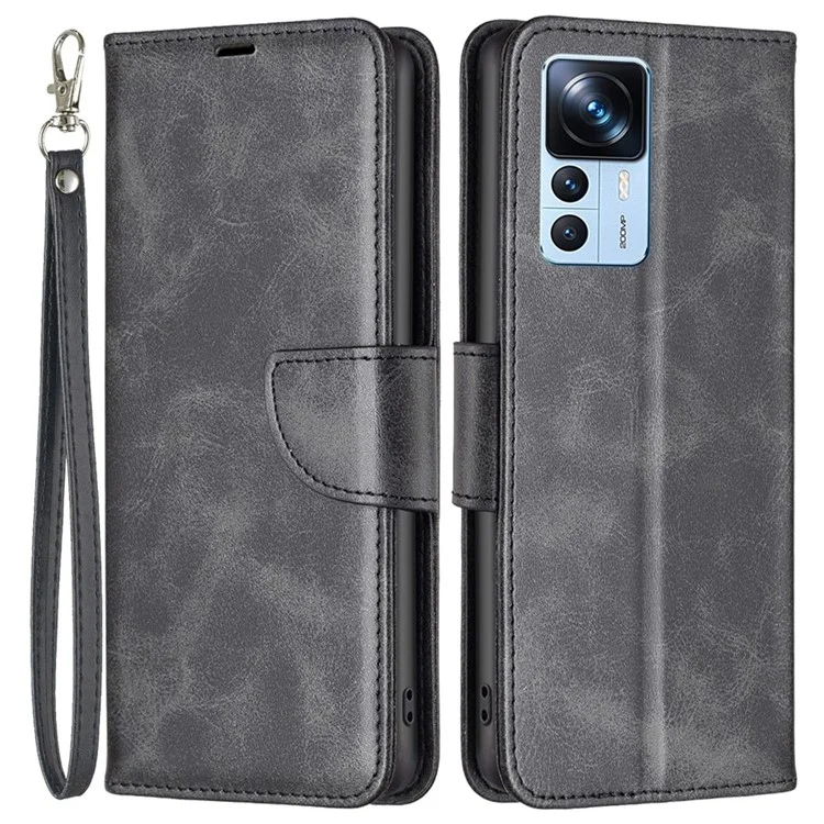For Xiaomi 12T 5G / Redmi K50 Ultra 5G / 12T Pro 5G Case Smooth Leather Wallet Stand Mobile Phone Cover with Strap - Black