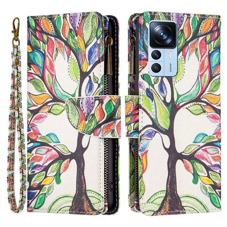 For Xiaomi 12T 5G / Redmi K50 Ultra 5G / 12T Pro 5G Leather Case with Strap Pattern Printing Zipper Wallet Phone Stand Cover - Life Tree