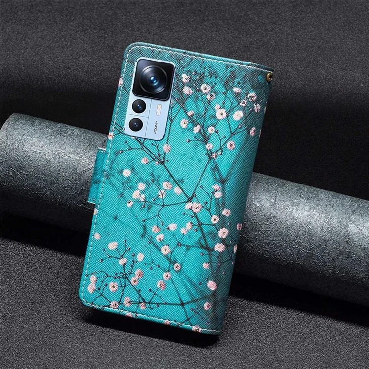 Bf-musterdruck Leder Serie-4 Für Xiaomi 12T 5G / 12t Pro 5g Flip Wallet Phone Case Style-03 Reißverschlusspocke PU Leder Magnetverschluss Muster Handtasche Ständer Abdeckung - Pflaumenblüte