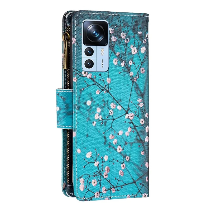 Bf-musterdruck Leder Serie-4 Für Xiaomi 12T 5G / 12t Pro 5g Flip Wallet Phone Case Style-03 Reißverschlusspocke PU Leder Magnetverschluss Muster Handtasche Ständer Abdeckung - Pflaumenblüte