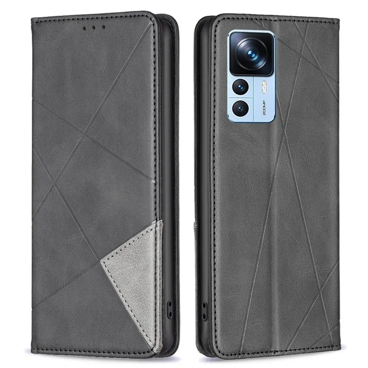 Per Xiaomi 12T 5G / Redmi K50 Ultra 5G / 12T Pro 5G BF Imprinting Pattern Series-1 Magnetic Auto-absorbed PU Leather Card Holder Cover Geometric Imprinted Phone Book Style Stand Case - Black