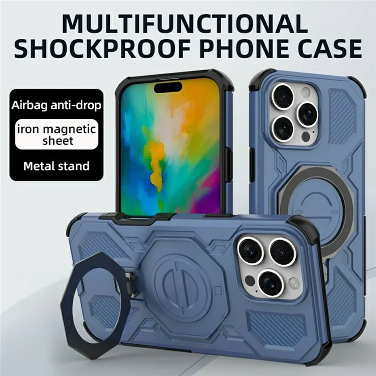 For iPhone 16 Pro Max Magnetic Case Rotating Metal Kickstand Shockproof PC + TPU Phone Back Cover - Dark Blue