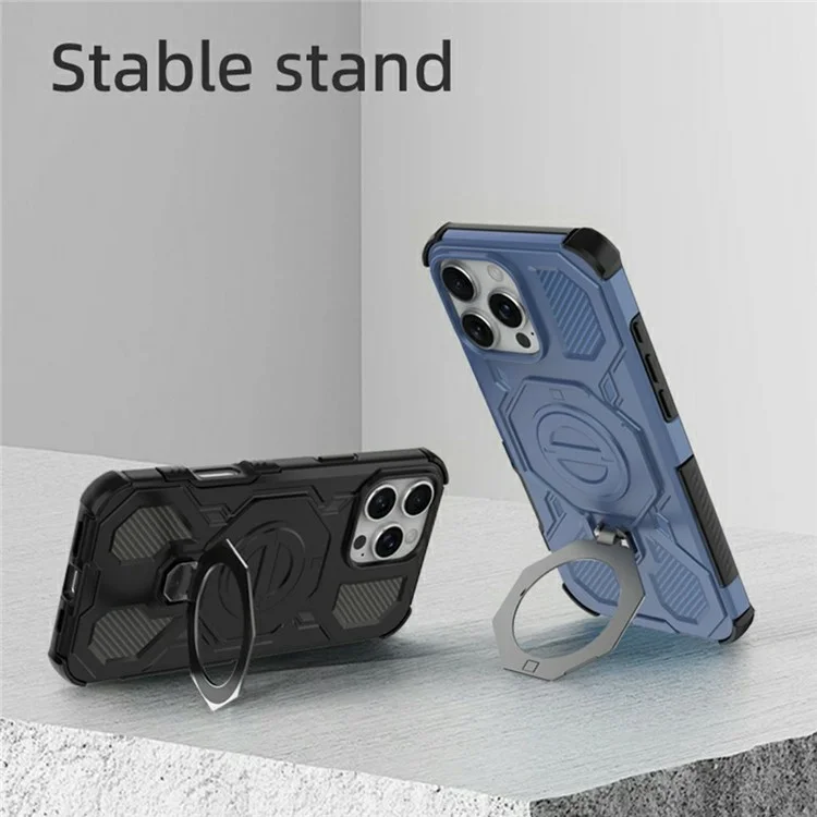 For iPhone 16 Pro Max Magnetic Case Rotating Metal Kickstand Shockproof PC + TPU Phone Back Cover - Dark Blue
