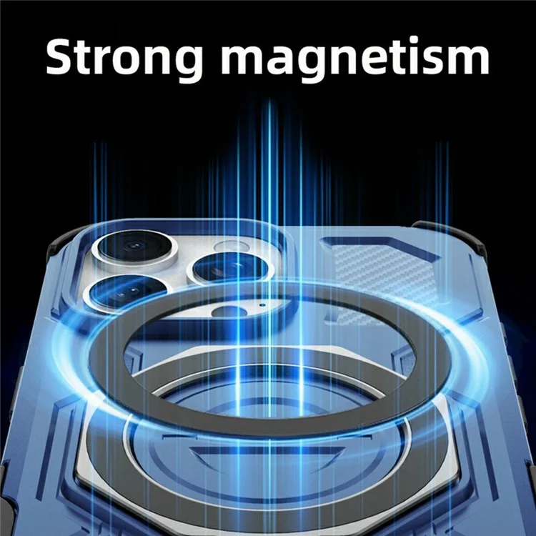 For iPhone 16 Pro Max Magnetic Case Rotating Metal Kickstand Shockproof PC + TPU Phone Back Cover - Dark Blue