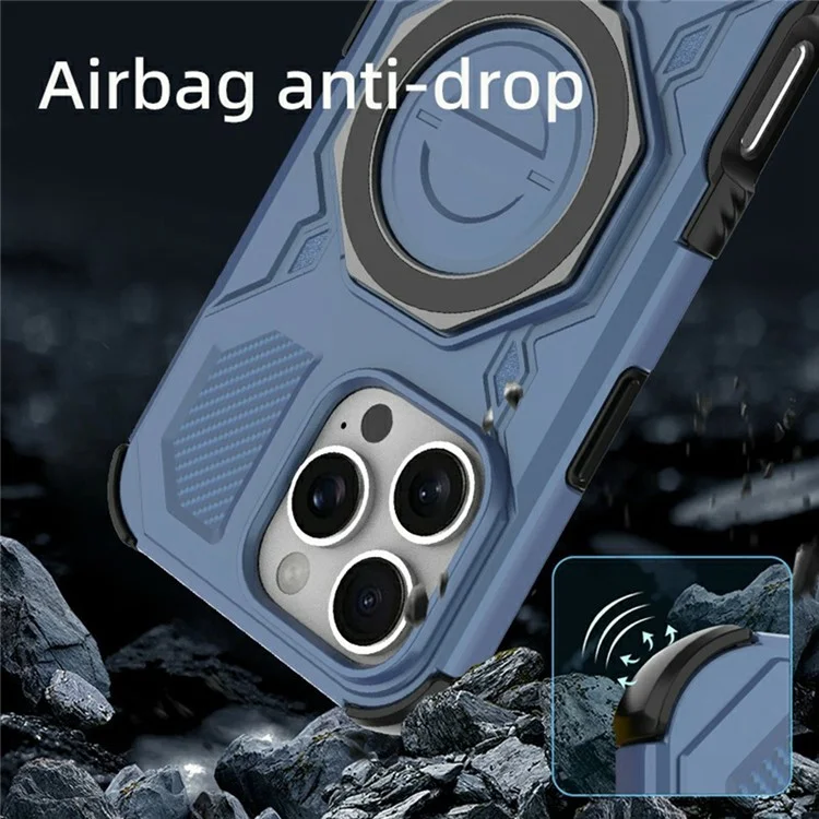 For iPhone 16 Pro Max Magnetic Case Rotating Metal Kickstand Shockproof PC + TPU Phone Back Cover - Dark Blue