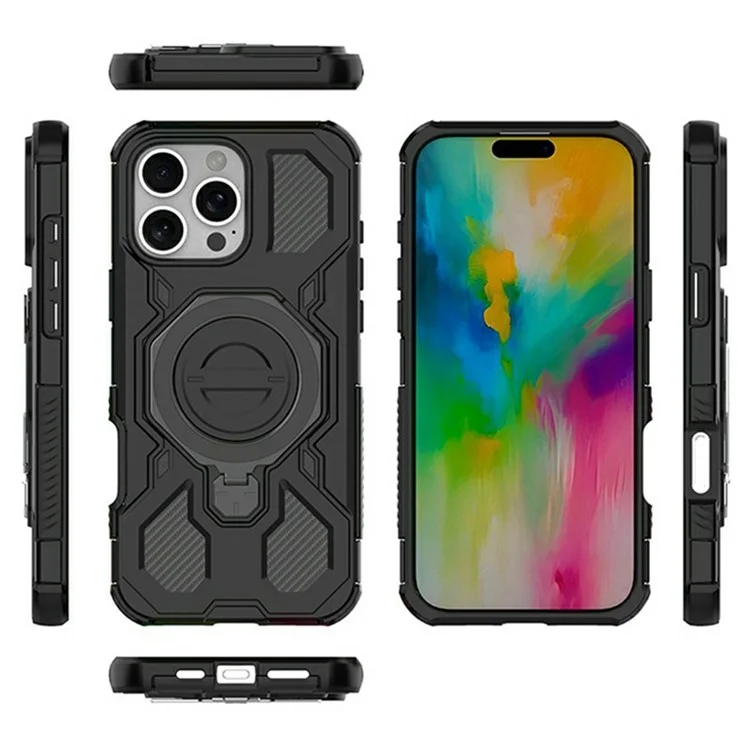 For iPhone 16 Pro Max Magnetic Case Rotating Metal Kickstand Shockproof PC + TPU Phone Back Cover - Dark Blue