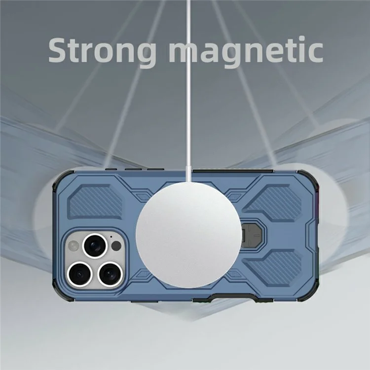 For iPhone 16 Pro Magnetic Case Rotating Metal Kickstand Shockproof PC + TPU Phone Back Cover - Dark Blue