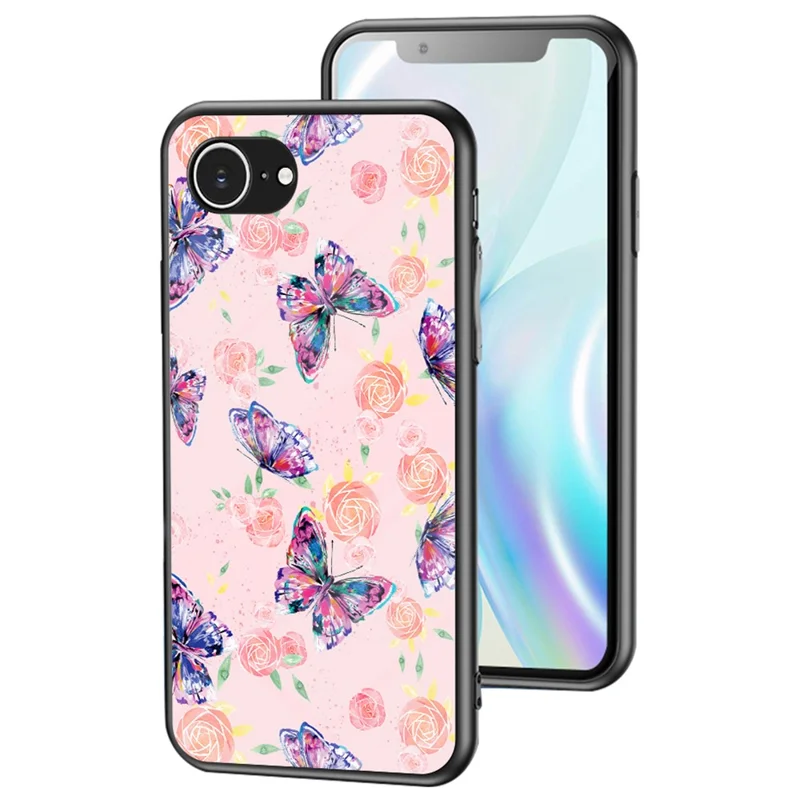 For iPhone 16e Case Butterfly Pattern TPU + Tempered Glass Protective Phone Cover - Rose Butterfly