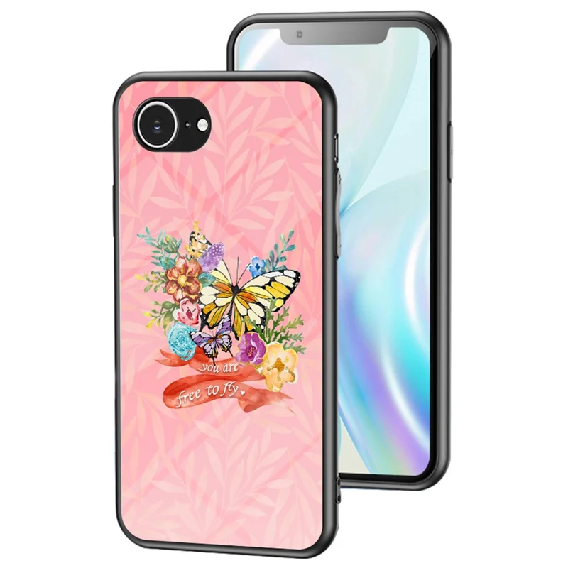 For iPhone 17e / 16e Case Butterfly Pattern TPU + Tempered Glass Protective Phone Cover - Flower Bush Butterfly
