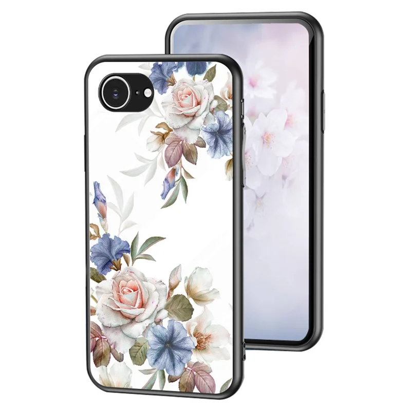 For iPhone 16e Case Floral Pattern TPU + Tempered Glass Protective Phone Cover - White Flower Bush