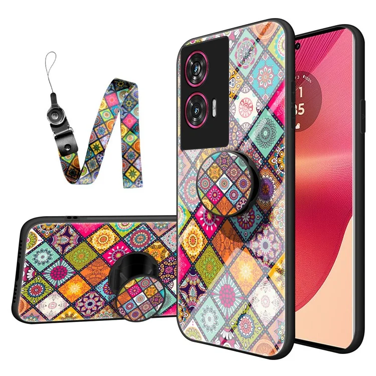 Capa para Motorola Edge 50 Fusion 5G com Suporte, Padrão Étnico, Vidro Temperado e Alça - Padrão Colorido