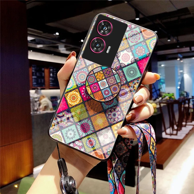Capa para Motorola Edge 50 Fusion 5G com Suporte, Padrão Étnico, Vidro Temperado e Alça - Padrão Colorido