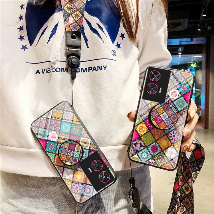Capa para Motorola Edge 50 Fusion 5G com Suporte, Padrão Étnico, Vidro Temperado e Alça - Padrão Colorido