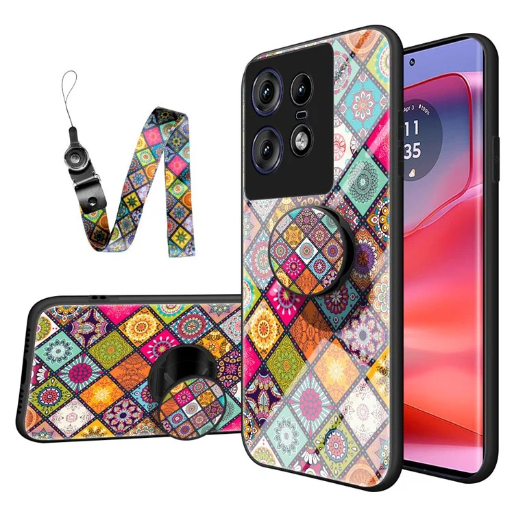 For Motorola Edge 50 Pro 5G Case Kickstand Ethnic Pattern Tempered Glass Phone Cover with Strap - Color Pattern