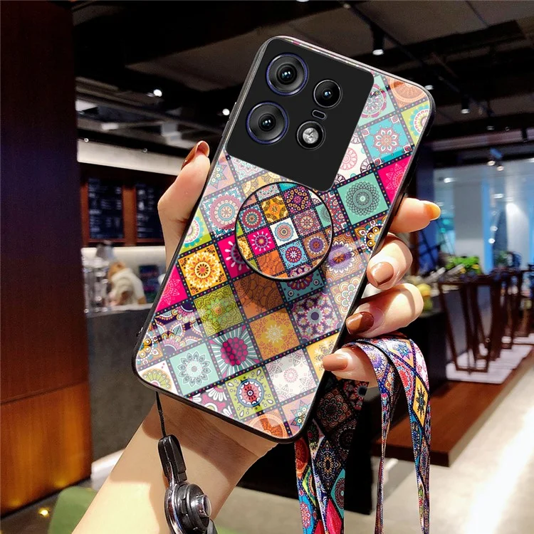 For Motorola Edge 50 Pro 5G Case Kickstand Ethnic Pattern Tempered Glass Phone Cover with Strap - Color Pattern