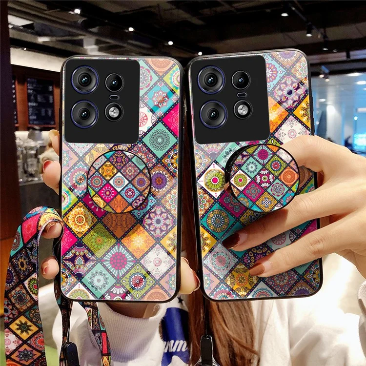 For Motorola Edge 50 Pro 5G Case Kickstand Ethnic Pattern Tempered Glass Phone Cover with Strap - Color Pattern