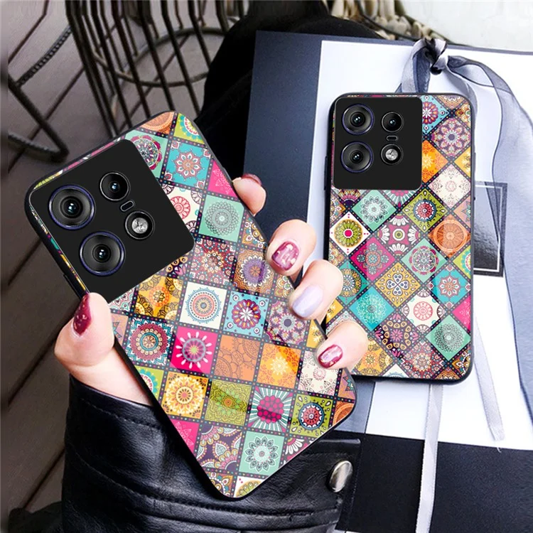 For Motorola Edge 50 Pro 5G Case Kickstand Ethnic Pattern Tempered Glass Phone Cover with Strap - Color Pattern