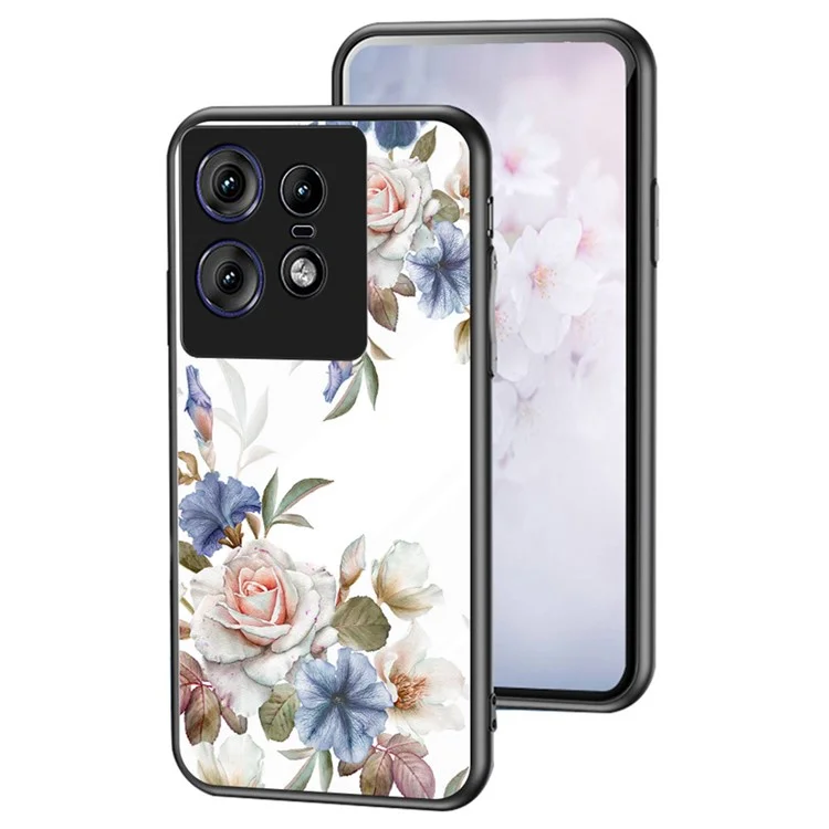 For Motorola Edge 50 Pro 5G Case Floral Pattern TPU + Tempered Glass Protective Phone Cover - White Flower Bush