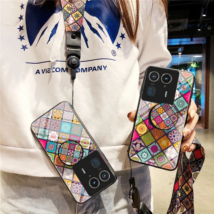 For Motorola Edge 50 Ultra 5G / Moto X50 Ultra 5G Case Kickstand Ethnic Pattern Tempered Glass Phone Cover with Strap - Color Pattern