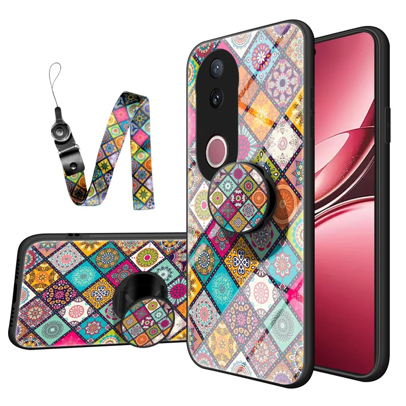 For vivo V50 5G Case Kickstand Ethnic Pattern Tempered Glass Phone Cover with Strap - Color Pattern
