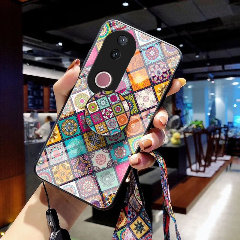 For vivo V50 5G Case Kickstand Ethnic Pattern Tempered Glass Phone Cover with Strap - Color Pattern