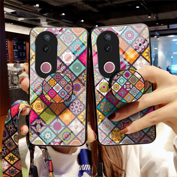 For vivo V50 5G Case Kickstand Ethnic Pattern Tempered Glass Phone Cover with Strap - Color Pattern