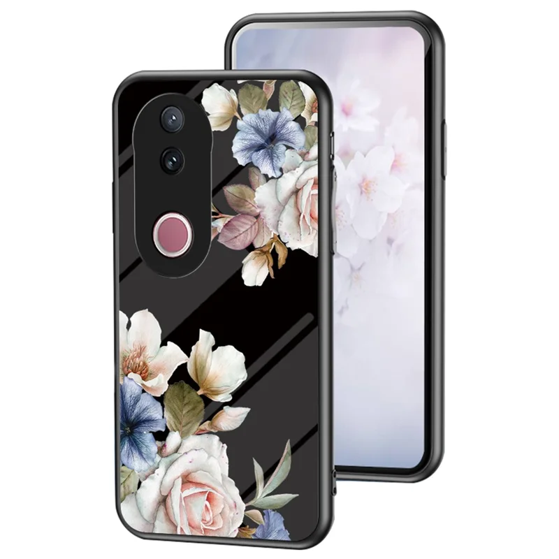 For vivo V50 5G Case Floral Pattern TPU + Tempered Glass Protective Phone Cover - Black Flower Bush