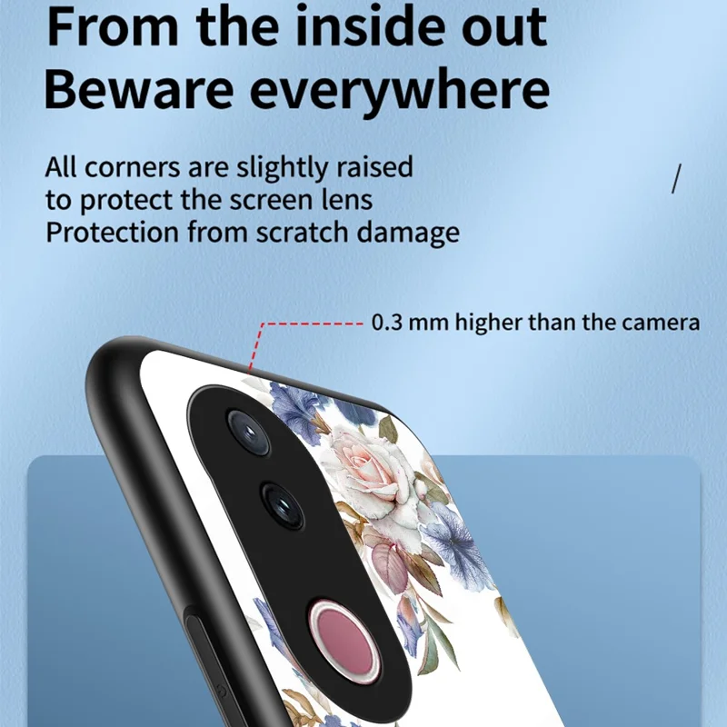 For vivo V50 5G Case Floral Pattern TPU + Tempered Glass Protective Phone Cover - Black Flower Bush