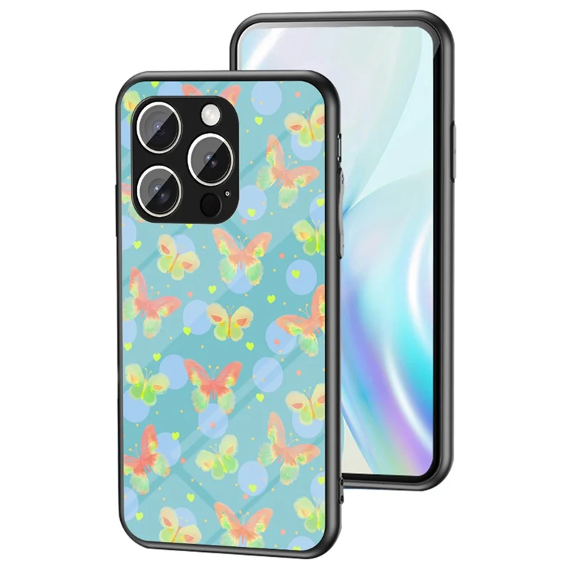 For iPhone 15 Pro Case Butterfly Pattern TPU + Tempered Glass Protective Phone Cover - Lush Butterfly