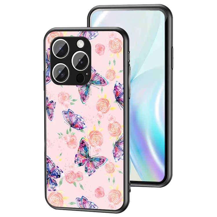 Чехол для iPhone 15 Pro Max с узором в виде бабочек, TPU + закаленное стекло, защитный чехол для телефона - Розовая бабочка