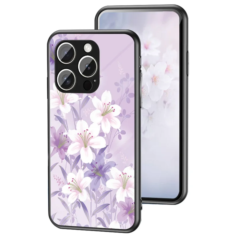For iPhone 15 Pro Max Case Floral Pattern TPU + Tempered Glass Protective Phone Cover - Purple Magnolia