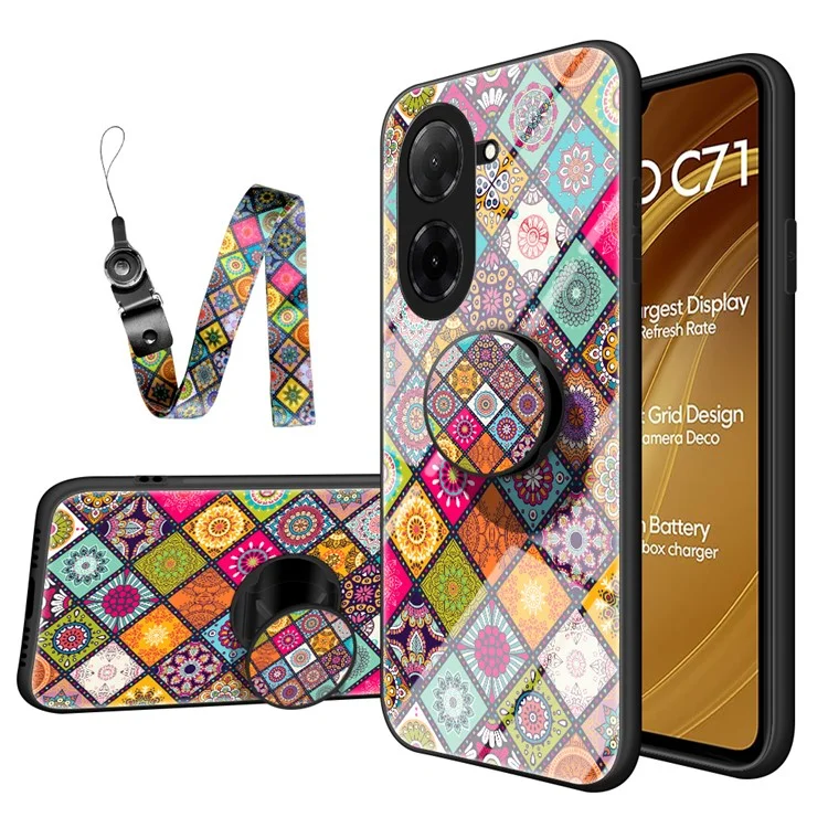 For Xiaomi Poco C71 4G / Redmi A5 4G (171.7mm) Case Kickstand Ethnic Pattern Tempered Glass Phone Cover with Strap - Color Pattern