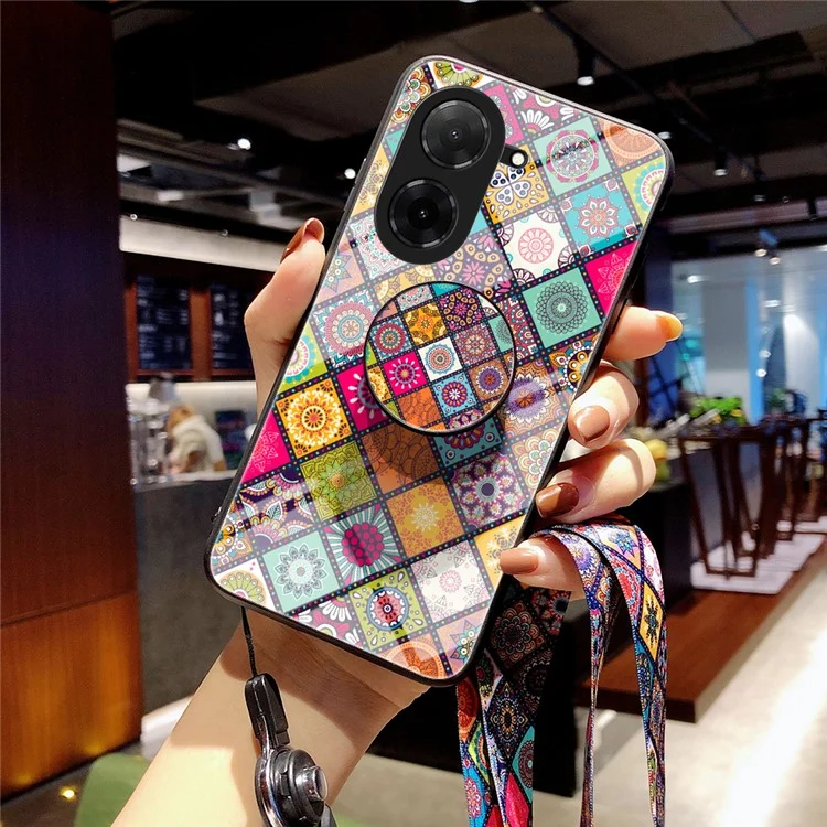 For Xiaomi Poco C71 4G / Redmi A5 4G (171.7mm) Case Kickstand Ethnic Pattern Tempered Glass Phone Cover with Strap - Color Pattern