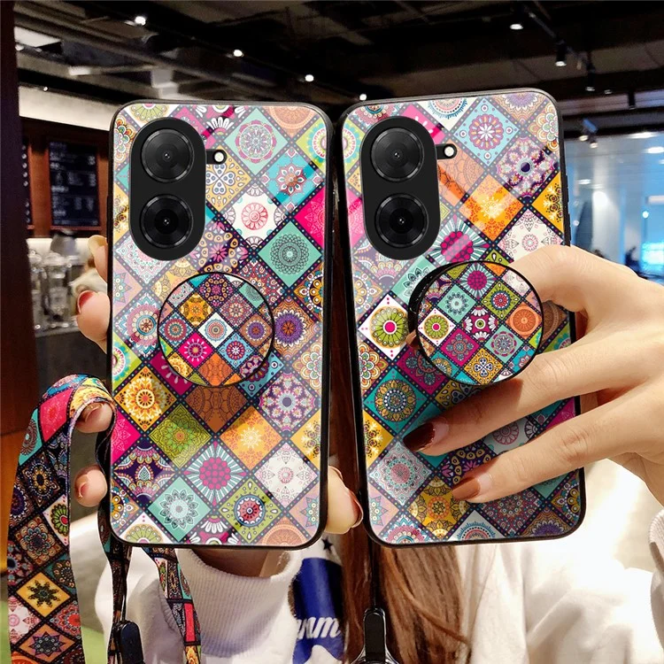 For Xiaomi Poco C71 4G / Redmi A5 4G (171.7mm) Case Kickstand Ethnic Pattern Tempered Glass Phone Cover with Strap - Color Pattern