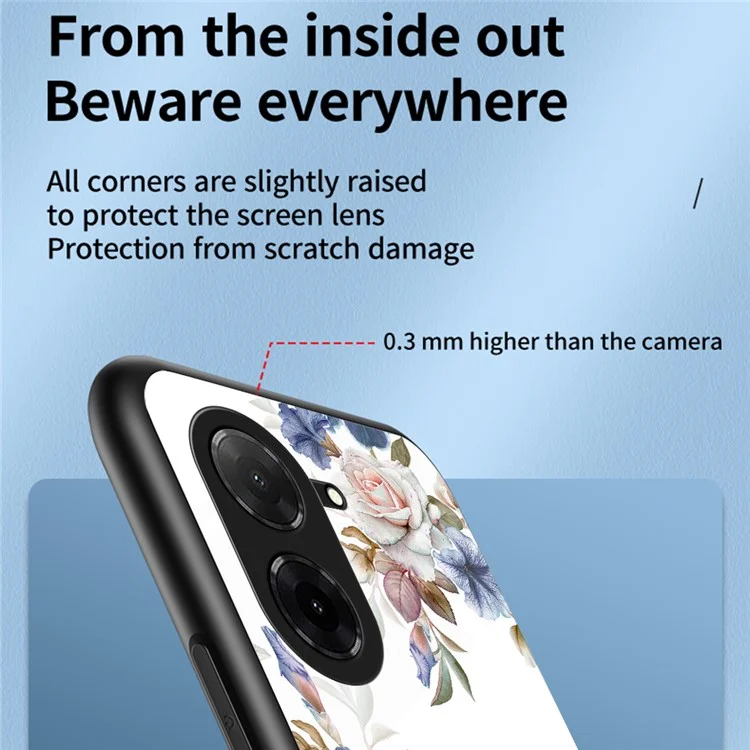 For Xiaomi Poco C71 4G / Redmi A5 4G (171.7mm) Case Floral Pattern TPU + Tempered Glass Protective Phone Cover - White Flower Bush