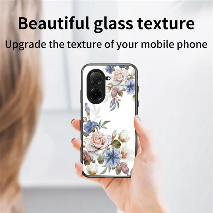 For Xiaomi Poco C71 4G / Redmi A5 4G (171.7mm) Case Floral Pattern TPU + Tempered Glass Protective Phone Cover - White Flower Bush