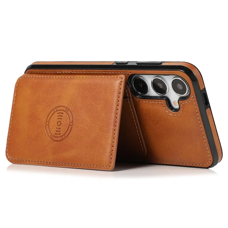 For Samsung Galaxy S24 FE Case Card Holder Kickstand PU Leather + TPU Phone Cover - Brown