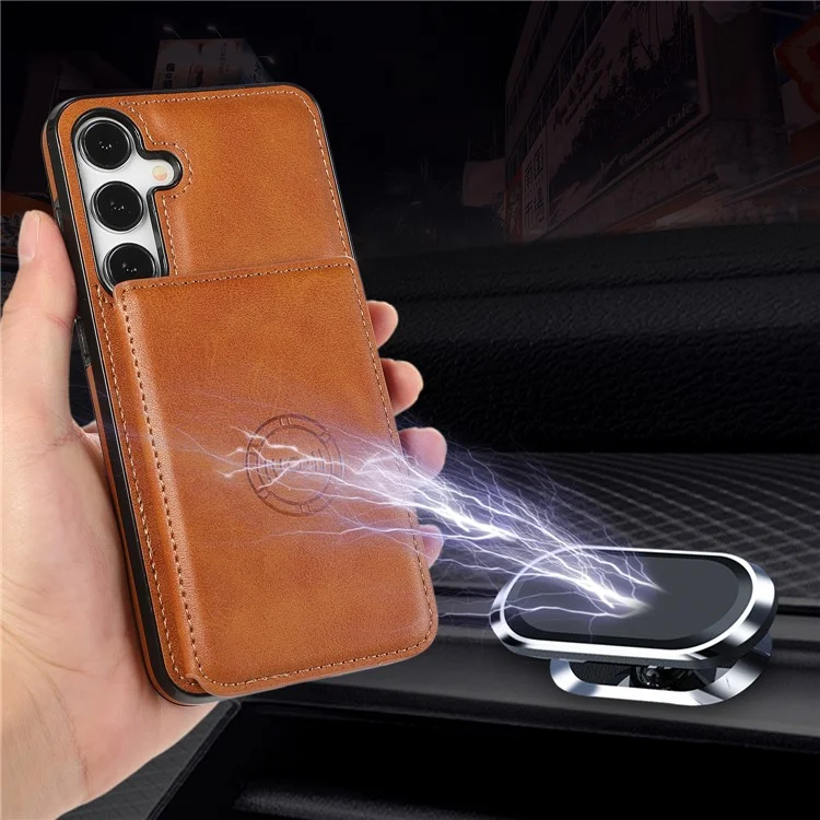 For Samsung Galaxy S24 FE Case Card Holder Kickstand PU Leather + TPU Phone Cover - Brown