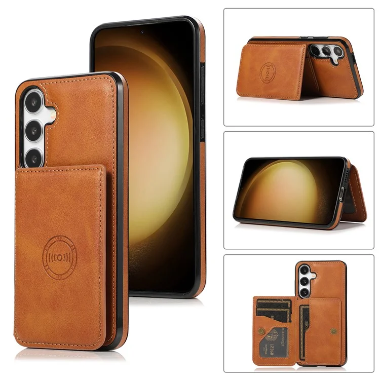 For Samsung Galaxy S24 FE Case Card Holder Kickstand PU Leather + TPU Phone Cover - Brown
