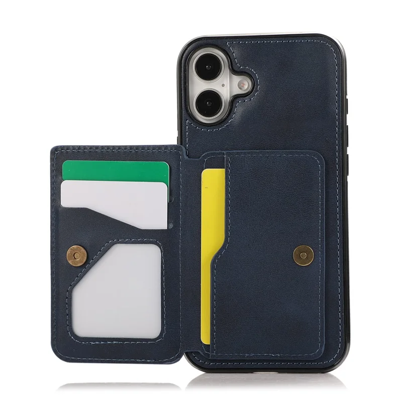 For iPhone 16 Case Card Holder Kickstand PU Leather + TPU Phone Cover - Blue