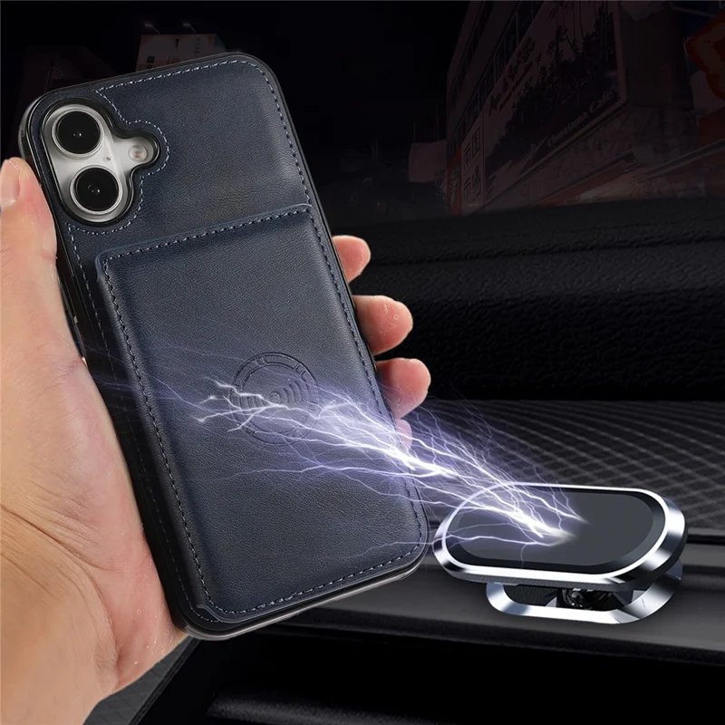 For iPhone 16 Case Card Holder Kickstand PU Leather + TPU Phone Cover - Blue