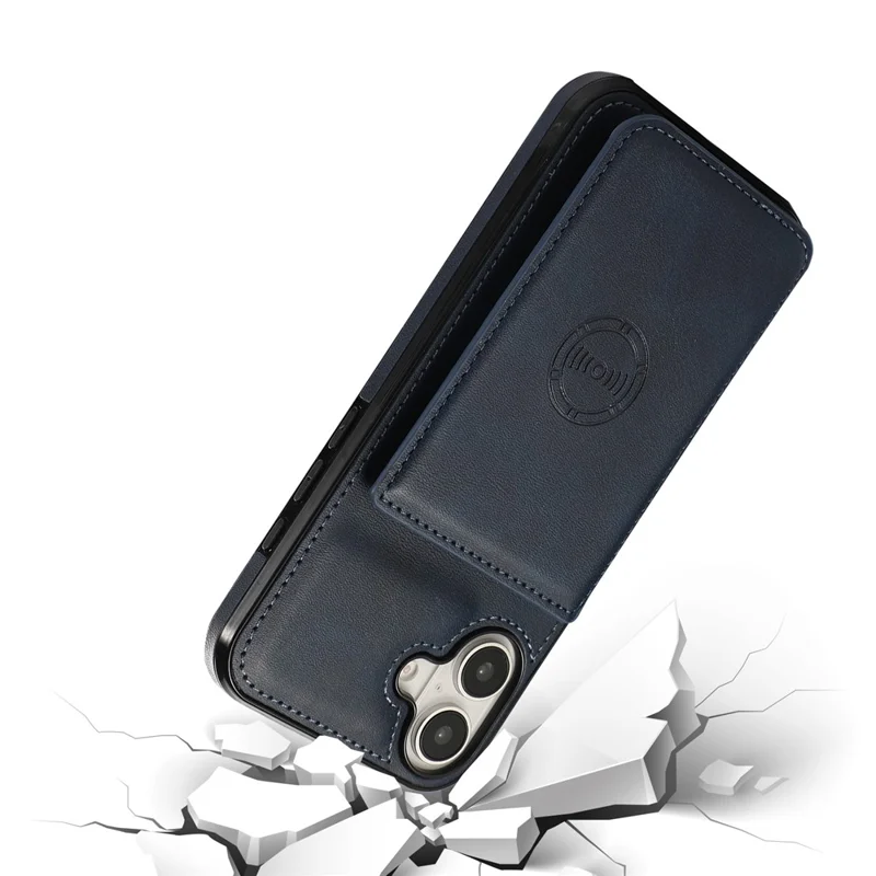 For iPhone 16 Case Card Holder Kickstand PU Leather + TPU Phone Cover - Blue
