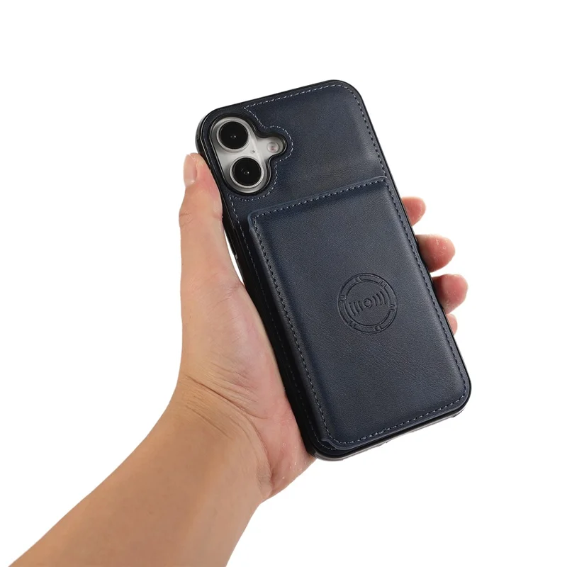 For iPhone 16 Case Card Holder Kickstand PU Leather + TPU Phone Cover - Blue