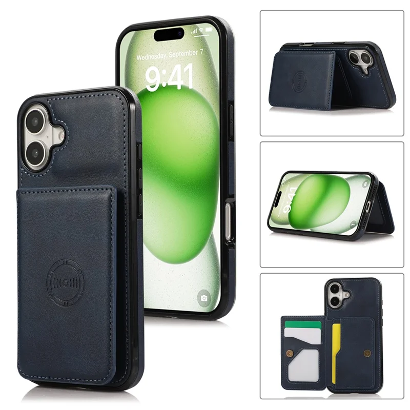 For iPhone 16 Case Card Holder Kickstand PU Leather + TPU Phone Cover - Blue